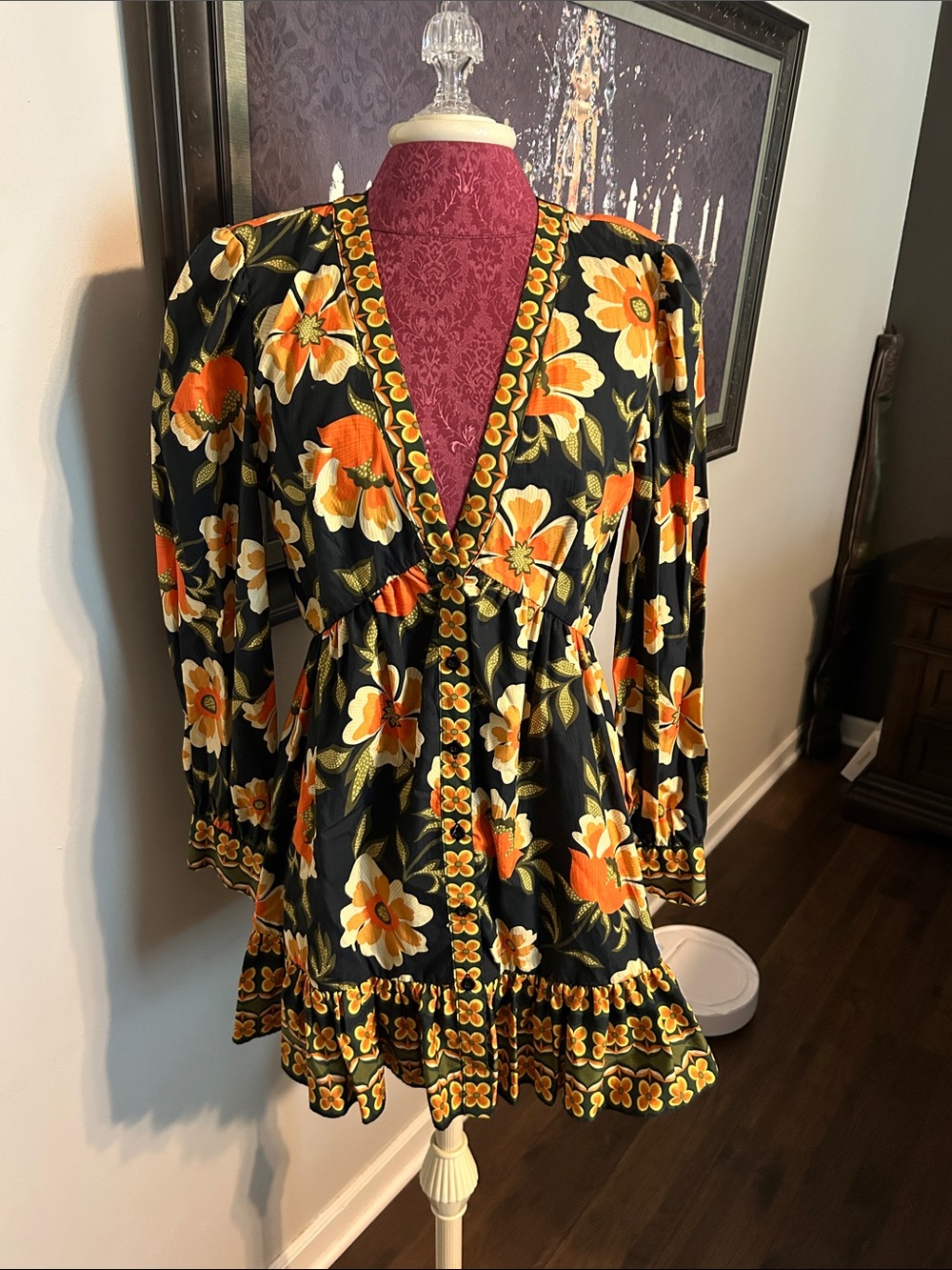Chelsea & Violet Black Floral V-Neck Tunic with Orange & Cream Blooms